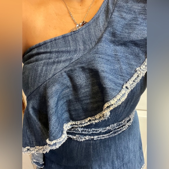 ALEXIS Denim Romper One Shoulder Asymmetrical Ruffle Jean Short JumpSuit BLAKELY - Picture 10 of 15
